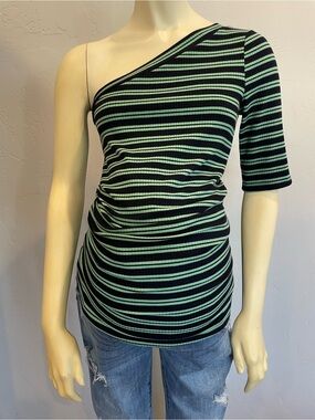 Mimi Maternity One-Shoulder Striped ribbed Top in Black and Mint M